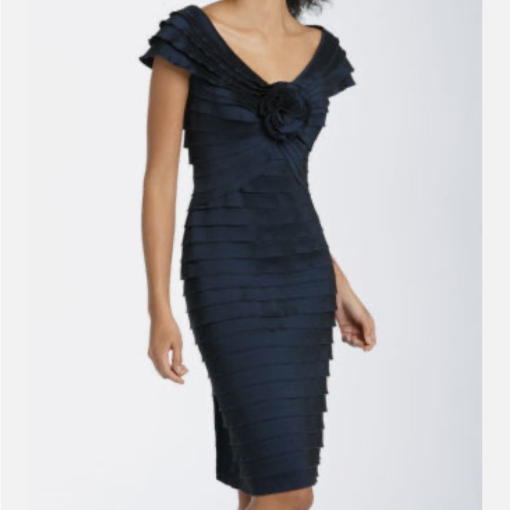 Tadashi Shoji Rosette Shutter Pleat Navy Blue Sheath Cap Sleeve Dress Womens 2